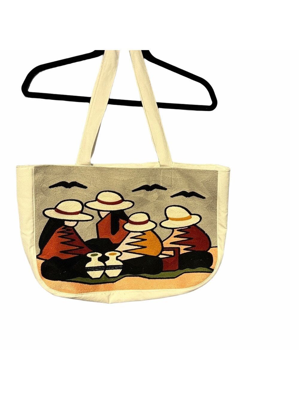 Ecuadorian Embroidered Indigenous Cotton Tote Bag Terracotta Earth Tones white